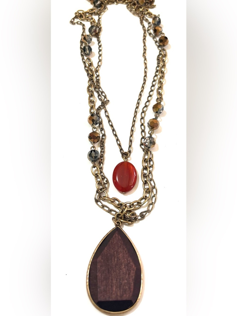 Layered Gold-Tone Necklace with Red and Brown Teardrop Pendants